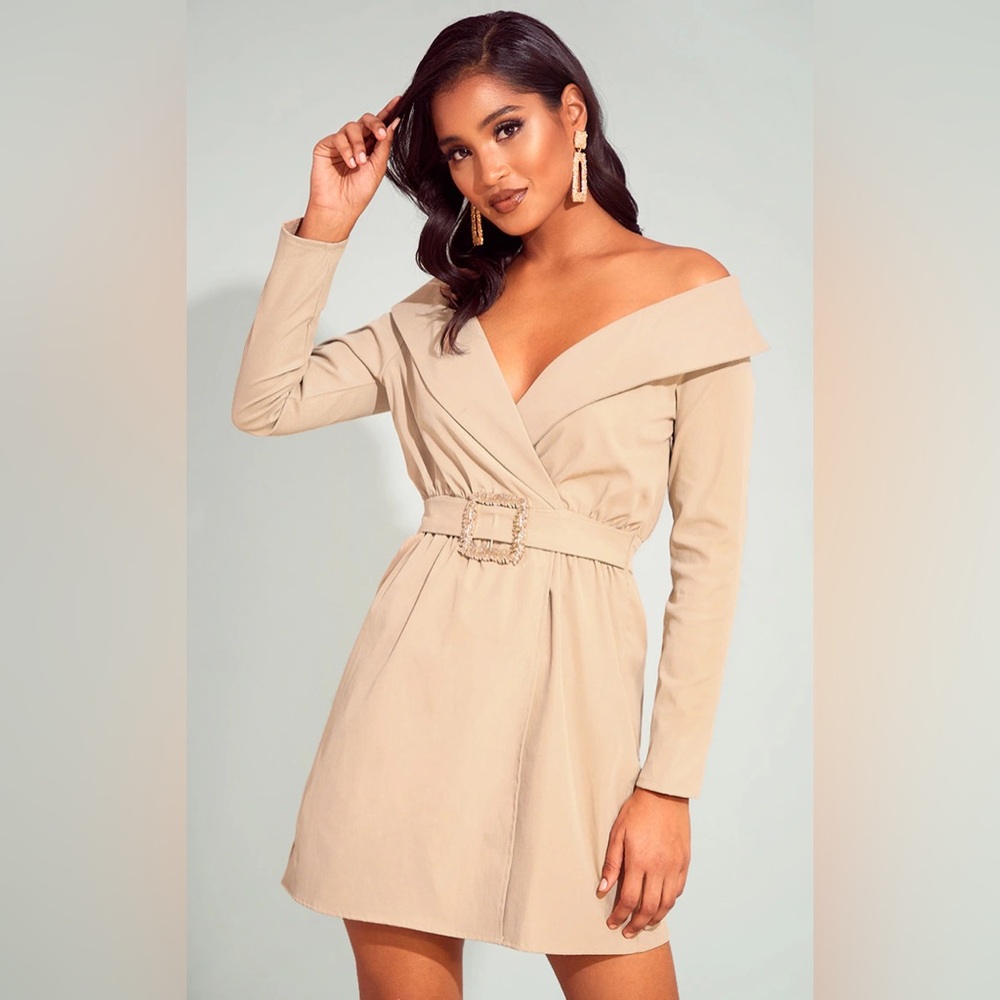 Pretty Little Thing Camel Bardot Belt Detail Shift Dress Size 12-NWOT